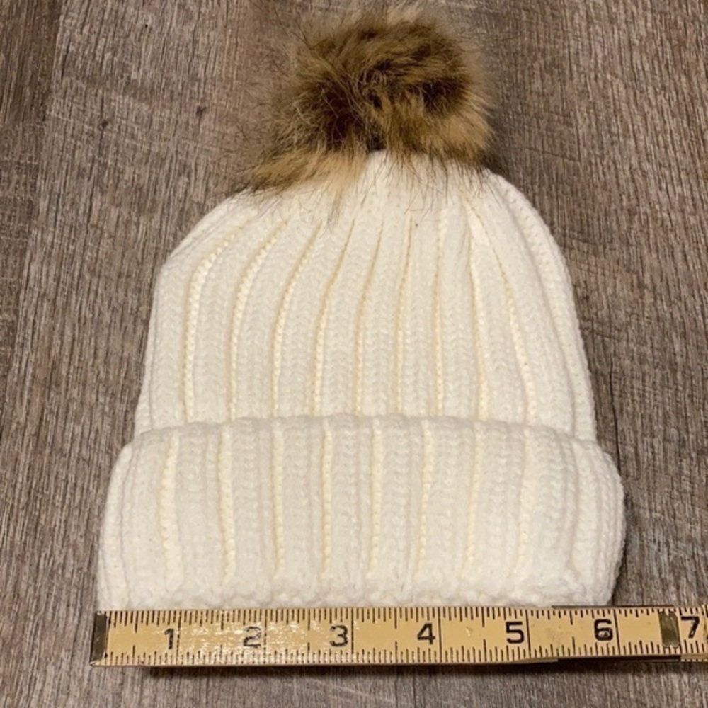 Ivory knit acrylic pompom beanie hat - Picture 2 of 3